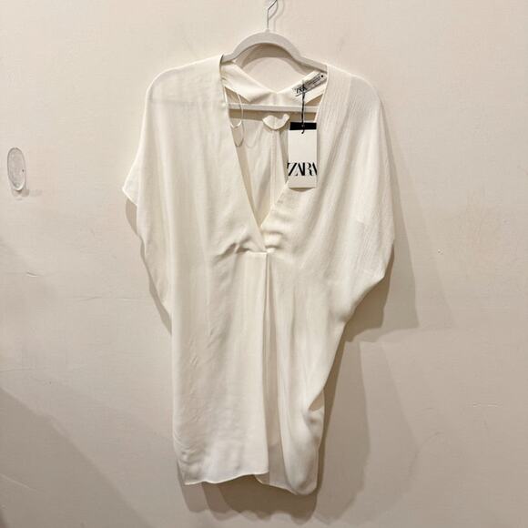 NWT Zara Dolman Sleeve Plunging V-Neck Mini Dress White Women's Size Medium - Picture 1 of 6